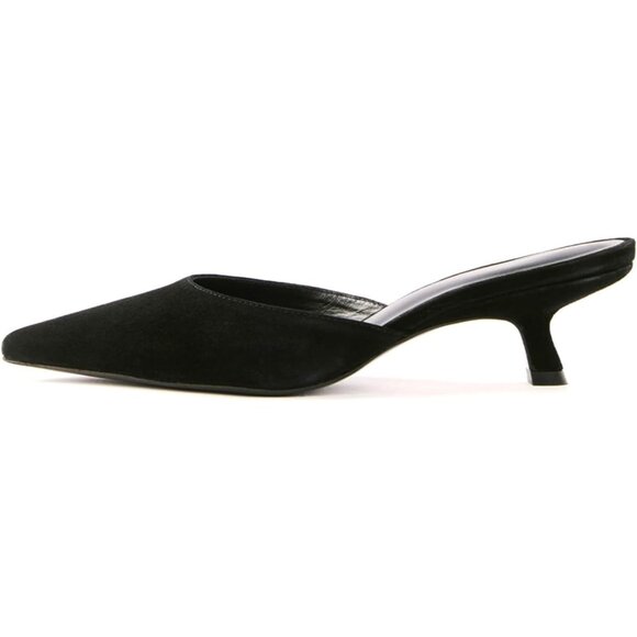Caradise Women Black Suede Mules Closed Pointed Toe Mesh Backless Kitten Heels - Picture 1 of 5